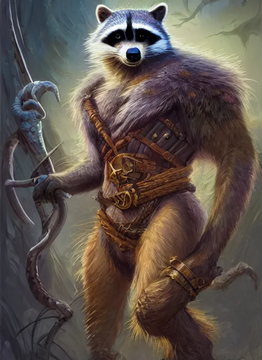 Prompt: human racoon animorphic, ultra detailed fantasy, dndbeyond, bright, colourful, realistic, dnd character portrait, full body, pathfinder, pinterest, art by ralph horsley, dnd, rpg, lotr game design fanart by concept art, behance hd, artstation, deviantart, hdr render in unreal engine 5