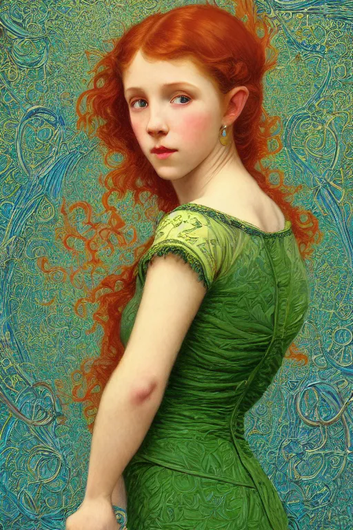 Image similar to intricate art nouveau oil painting of redheaded young millie bobby brown with long hair blowing in the wind, wearing an intricate green lace dress, highly detailed, intricate golden symmetric pattern background, elegant, digital painting, smooth, sharp focus, illustration, ultra realistic, 8 k, by bouguereau, alphonse mucha, artgerm, and donato giancola