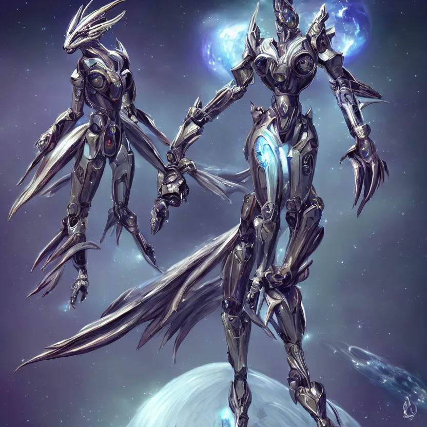 Image similar to goddess shot, galactic sized stunning beautiful anthropomorphic robot mecha female dragon, in space, larger than planets, holding the earth, the earth a mere marble in her claws, detailed silver armor, epic proportions, epic scale, detailed digital art, furry, macro art, dragon art, giantess, warframe fanart, furaffinity, deviantart, realistic