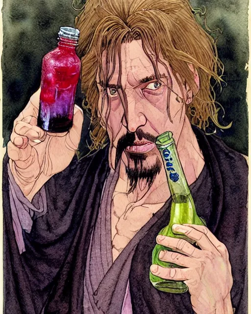 Image similar to a realistic and atmospheric watercolour fantasy character concept art portrait of a sleazy qui - gon jinn drinking out of a bottle with pink eyes wearing a wife beater. by rebecca guay, michael kaluta, charles vess and jean moebius giraud