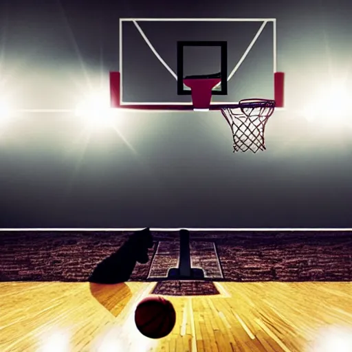 Image similar to film still of a llama dunking a basketball, low angle, extreme long shot, indoors, dramatic backlighting