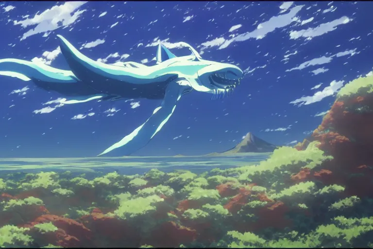 Image similar to painting of a dreamscape, a flying leviathan in the foreground, exterior wide shot, otherworldly and ethereal by kazuo oga in the anime film by studio ghibli, screenshot from the anime film by makoto shinkai