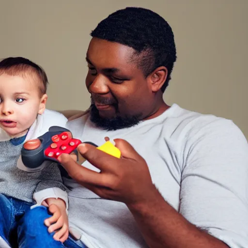 Image similar to man holding baby while playing his game console