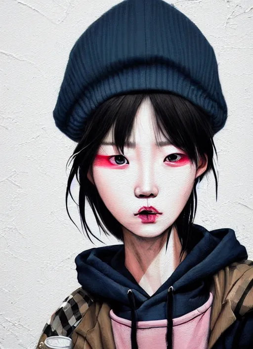 Prompt: highly detailed portrait of a korean sewer punk lady student, blue eyes, burberry hoody, hat, white hair by atey ghailan, by greg tocchini, by kaethe butcher, gradient pink, black, brown, cream and light blue color scheme, grunge aesthetic!!! ( ( graffiti tag wall, plain white background ) )