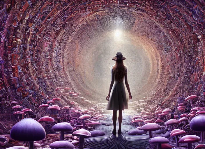 Prompt: vfx surreal 3 d portrait of alice from wonderland walking into a non - euclidean and infinite tunnel of evanescent hallucinatory images, reflections in endless mirrors, giant mushrooms, hyperdetailed, octane render, sharp focus, concept art, intricate by alex grey, greg rutkowski jeff soto and daniel merriam, dan mumford and pixar, octane render