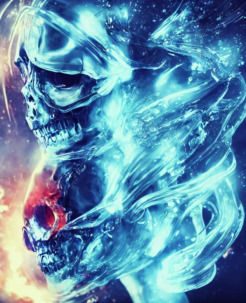 Image similar to close-up macro portrait of the face of a beautiful princess rotten skull in a spaceman suit, epic angle and pose, symmetrical artwork, 3d with depth of field, blurred background, cybernetic jellyfish female face skull phoenix bird, translucent, nautilus, energy flows of water and fire. a highly detailed epic cinematic concept art CG render. made in Maya, Blender and Photoshop, octane render, excellent composition, cinematic dystopian brutalist atmosphere, dynamic dramatic cinematic lighting, aesthetic, very inspirational, arthouse. y Greg Rutkowski, Ilya Kuvshinov, WLOP, Stanley Artgerm Lau, Ruan Jia and Fenghua Zhong