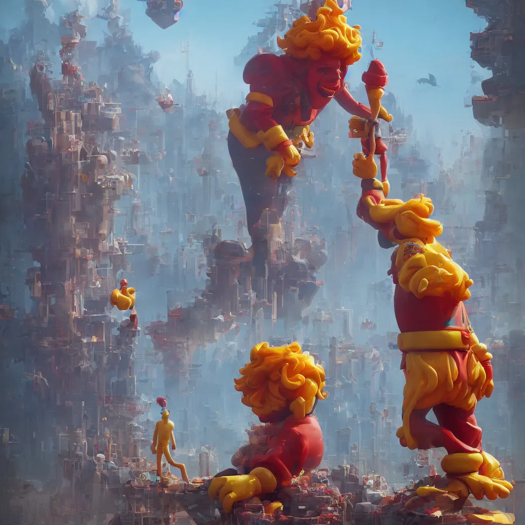 Image similar to ronald mcdonald statue in the world by beeple, darek zabrocki, tyler edlin, jordan grimmer, neil blevins, james paick, natasha tan, highly detailed, ultra detailed, ultra realistic, trending on artstation