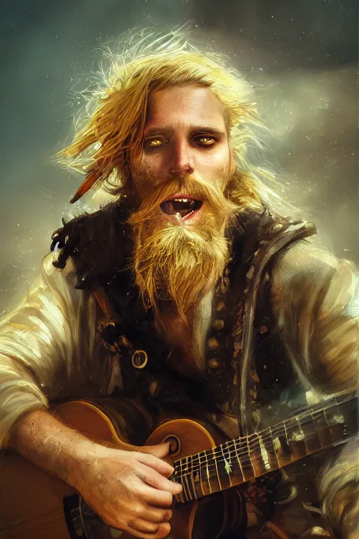 Image similar to blonde wild hair beard man, pirate eye - patch, playing guitare, close - up portrait, powerfull, intricate, elegant, volumetric lighting, scenery, digital painting, highly detailed, artstation, sharp focus, illustration, concept art, ruan jia, steve mccurry