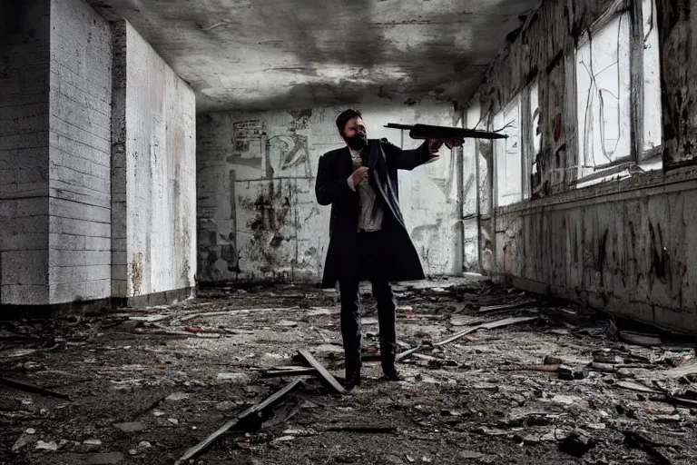 Prompt: a man wearing a trenchcoat and firing with a shotgun in an abandoned industrial complex, intricate details, cinematic, wide angle