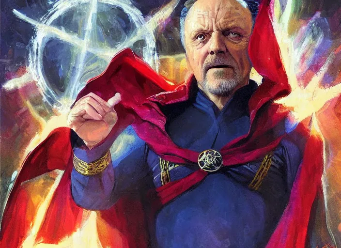 Image similar to a highly detailed beautiful portrait of anthony hopkins as dr strange, by gregory manchess, james gurney, james jean