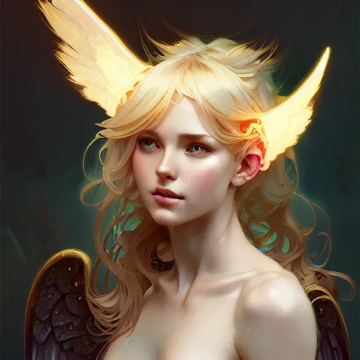 Image similar to A girl angel with blonde hair, cat ears, glowing halo, wings, fantasy, intricate, elegant, highly detailed, digital painting, artstation, concept art, smooth, sharp focus, illustration, art by Krenz Cushart and Artem Demura and alphonse mucha