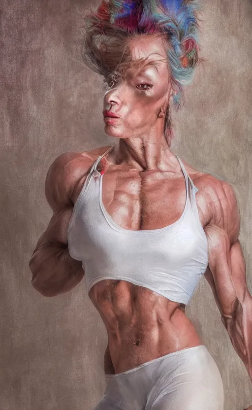 Image similar to realistic colorful photo portreit of extremely beautiful bodybuilder woman posing in white peignoir, full leight, ultra rendered extreme realism and detail, 8 k, highly detailed, realistic, photorealistic,