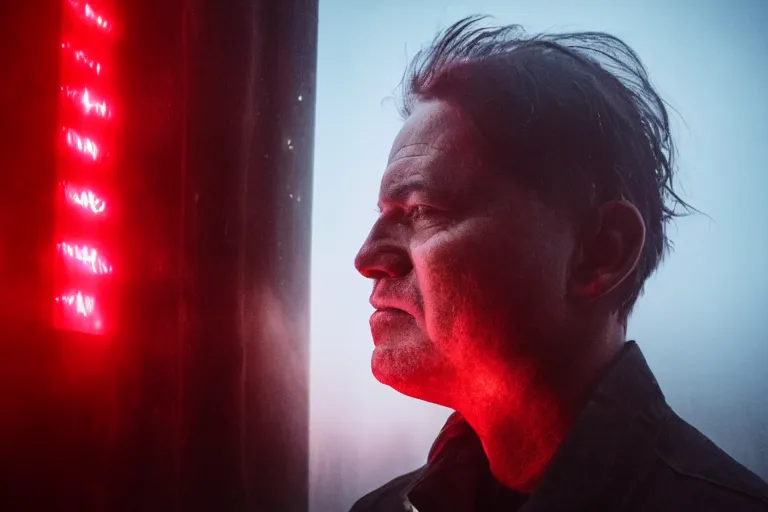 Prompt: a cinematic headshot portrait of an emotional middle aged male stood in a fog filled field, a neon light shines in the distance, perfectly lit face, ultra realistic, depth, beautiful lighting