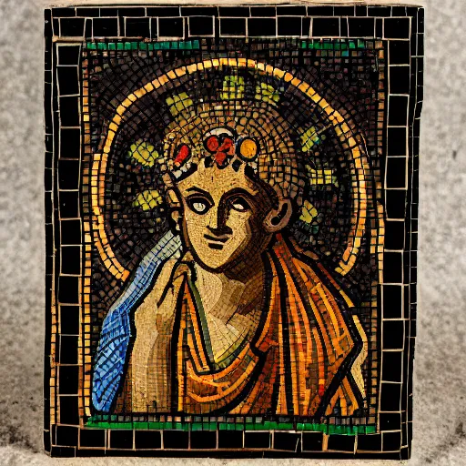 Image similar to antique mosaic depicting Dionysus illuminated by the sun