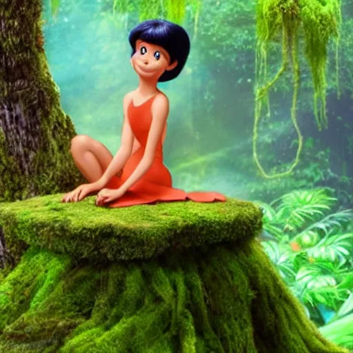 Image similar to fairy sitting on moss covered stump, from the jungle book, disney animation, extremely detailed