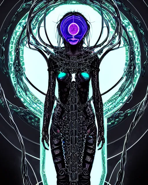 Prompt: Perfectly-centered Hyperdetailed Hyper realistic symmetrical cinematic RPG portrait-illustration of a beautiful aetherpunk cyberpunk Medusa with glowing eyes in a black otherworldly dress and long ravepunk snakes for hair. She's near lovecraftian towers in a surreal landscape, style of epic sci-fi comic-book cover, 3D rim light, octane, dark retrowave, artstation, cgsociety, fantasy digital art, smooth, sharp focus