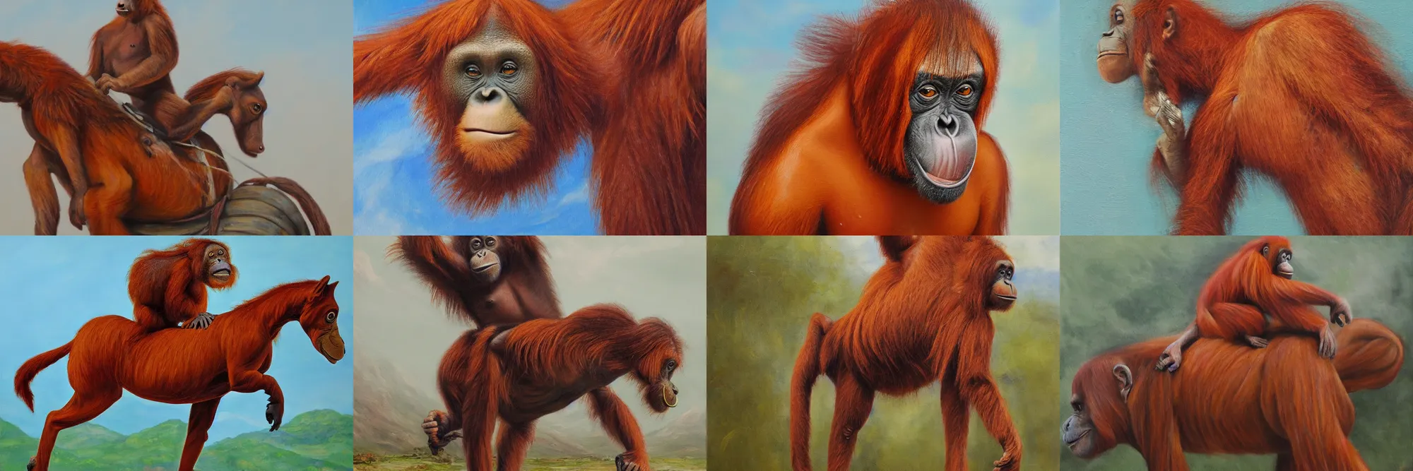 Prompt: An extremely detailed painting of an orangutan riding a horse, oil on canvas