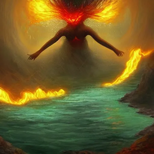 Prompt: weird beutiful creature, fantasy art, swiming in lava