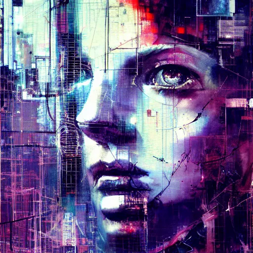 Image similar to portrait of a cyberpunk, wires, machines, in a dark future city by jeremy mann, francis bacon and agnes cecile, ink drips, paint smears, digital glitches glitchart