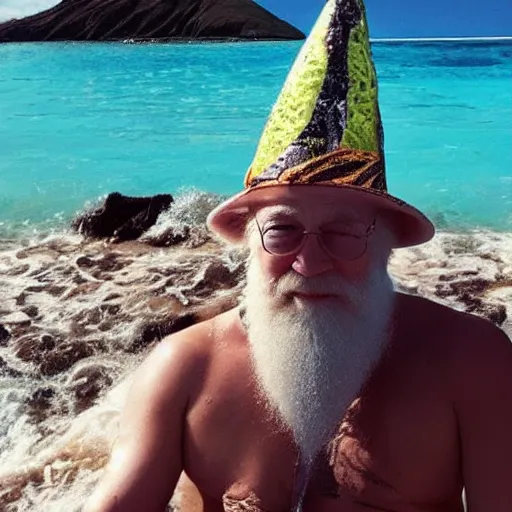 Prompt: instagram vacation photo of dumbledore the wizard wearing his wizard hat and wizard swim trunks at hawaii