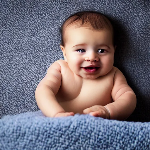 Image similar to baby with a full moustache laying on a blanket, photograph, depth of field, cute baby, olan mills, professional portrait photograph