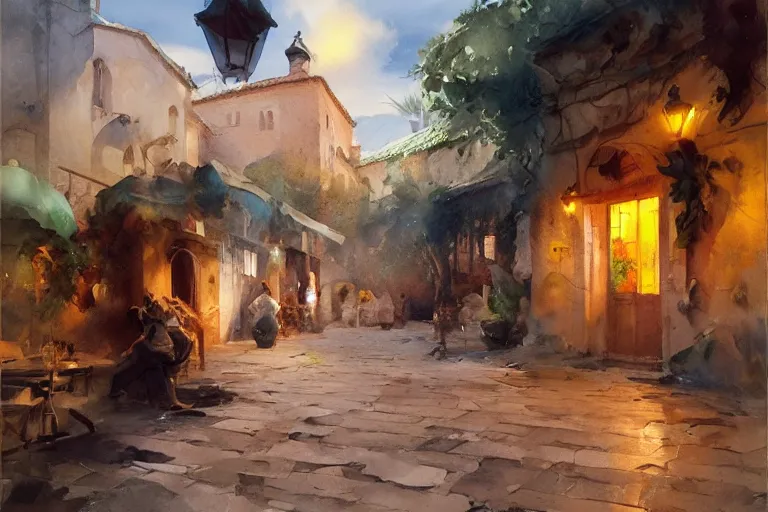 Image similar to paint brush strokes, abstract watercolor painting of rustic mediterranean village at nightfall, lantern, ambient lighting, art by hans dahl, by jesper ejsing, art by anders zorn, wonderful masterpiece by greg rutkowski, cinematic light, american romanticism by greg manchess, creation by tyler edlin