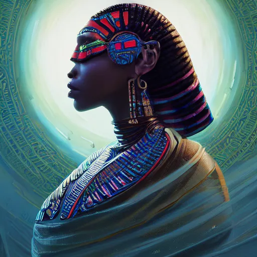 Image similar to highly detailed portrait of an african neon egyptian goddess, intricate alien technology, stephen bliss, unreal engine, fantasy art by greg rutkowski, loish, rhads, ferdinand knab, makoto shinkai and lois van baarle, ilya kuvshinov, rossdraws, tom bagshaw, global illumination, radiant light, detailed and intricate environment