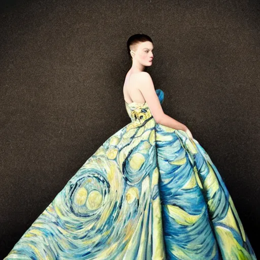 Image similar to Stunning a magnificent and intricate ball gown inspired by Van Gogh's Starry Night. Studio lighting