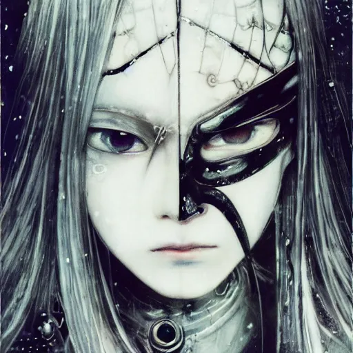 Prompt: Yoshitaka Amano blurred and dreamy illustration of an anime girl with a pirate eye patch, wavy white hair and cracks on her face wearing elden ring armour with the cape fluttering in the wind, abstract black and white patterns on the background, noisy film grain effect, highly detailed, Renaissance oil painting, weird portrait angle