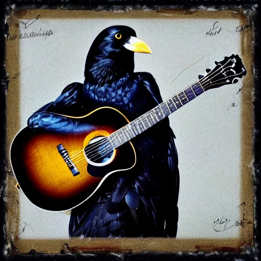 Prompt: photograph of a crow guitarist, hyperreal