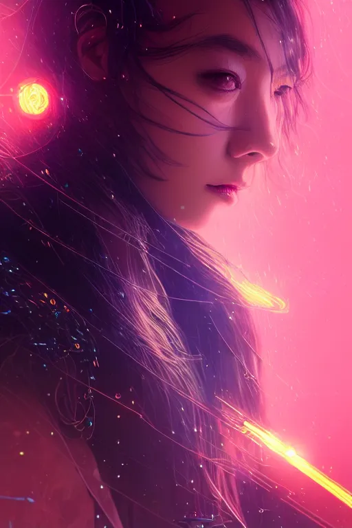 Image similar to portrait futuristic wizard Girl with thunder and fire sparkles and starlight, n future cyberpunk tokyo heavy rainning rooftop , ssci-fi, fantasy, intricate, very very beautiful, elegant, human structure, neon light, highly detailed, digital painting, artstation, concept art, smooth, sharp focus, illustration, art by tian zi and WLOP and alphonse mucha