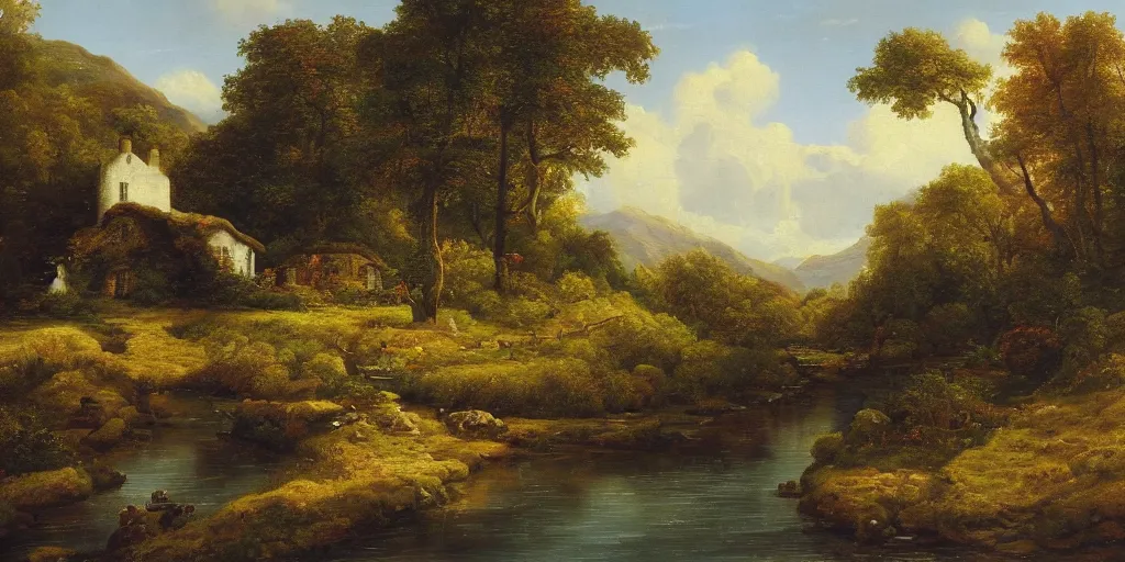 Image similar to a beautiful landscape painting of a cottage by a river in a valley, astronaut sitting by the river, by john glover, oil on canvas, highly detailed, hd, 4 k