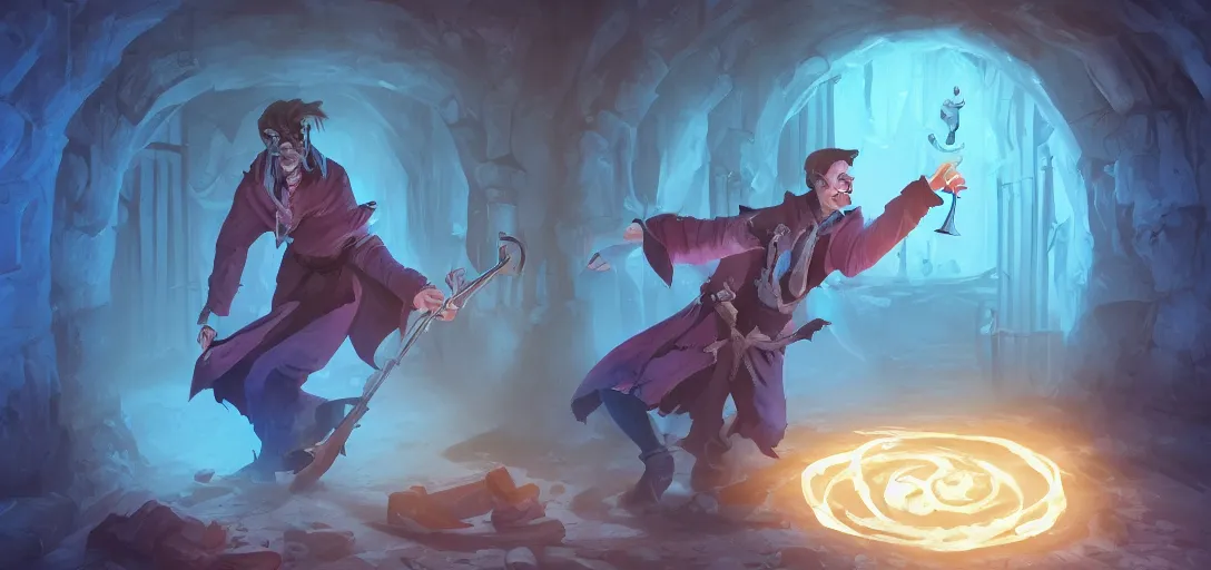 Prompt: 'stylized D&D wizard character, handsome young necromancer casting a spell to reanimate a corpse inside a dungeon chamber with eerie blue lighting'
