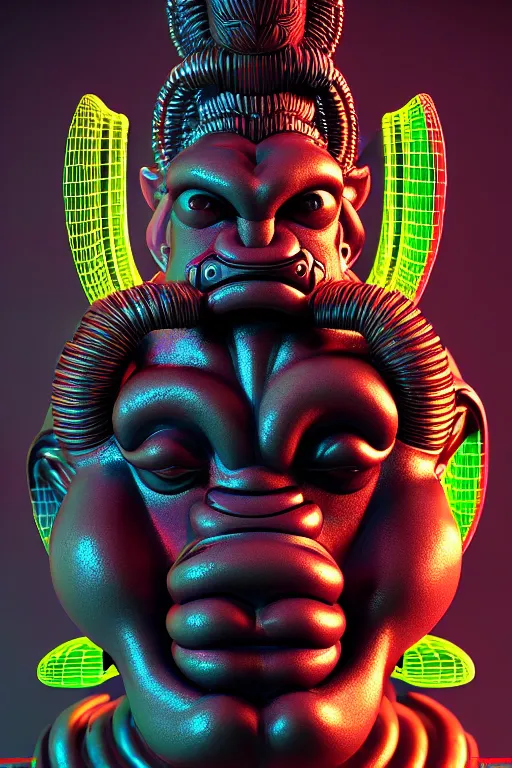 Prompt: high quality 3 d render post - rococo cyberpunk hanuman! head building, neon madhubani, open mouth, highly detailed, in sci - fi mumbai, cinematic smooth unreal engine, lee madgwick & liam wong, dramatic light, low angle, uhd 8 k, sharp focus