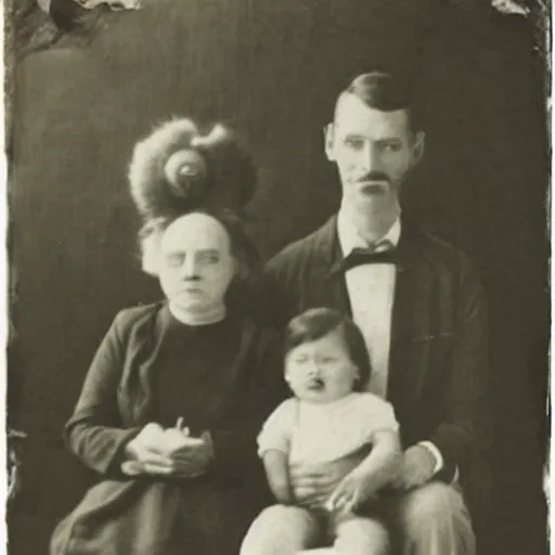 Image similar to old alien family photos, black and white, 1 9 0 0 s