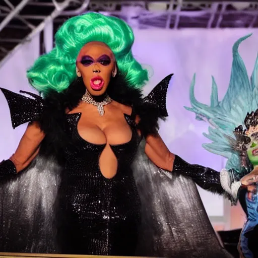 Prompt: rupaul's dragon race, television still, fantasy reality show, dragons, drag queens