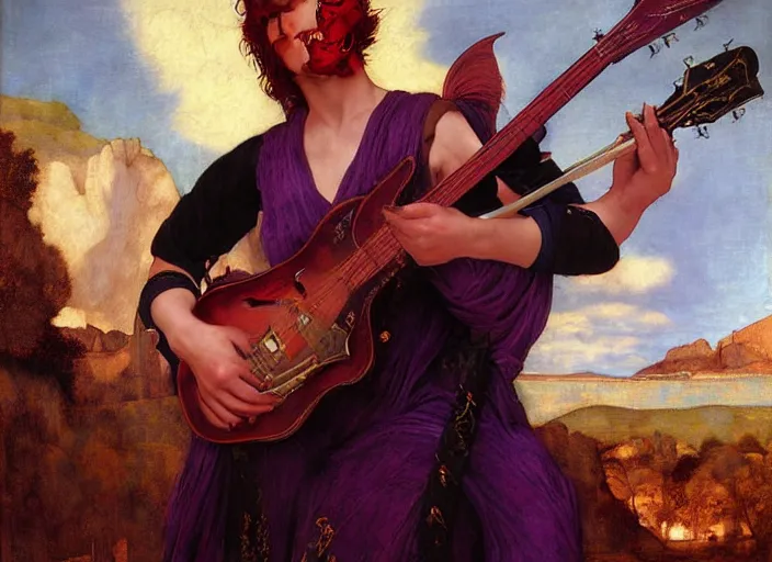 Image similar to a tiefling bard with red skin and horns, wearing purple playing guitar. edgar maxence and caravaggio and michael whelan and delacroix style, artistic, intricate painting, cinematic lighting, hyper realistic, extremely detailed, vivid colors, establishing shot, dramatic lighting