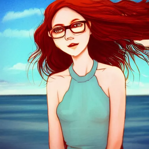 Prompt: very very very beautiful red haired woman wearing glasses and light blue sundress, beach background, eye contact, flirty, golden hour, drawn by WLOP
