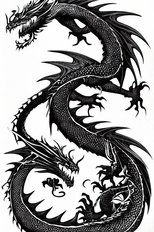 Prompt: dragon, black ink on paper, trending on artstation, beautiful, intricate, detailed