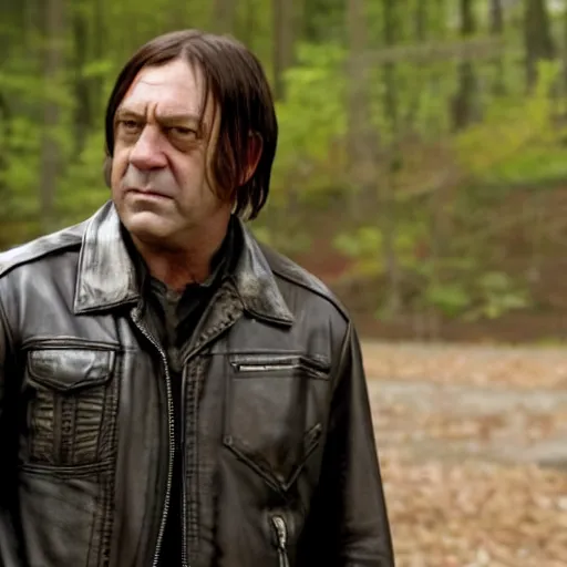 Prompt: cinematic still from the walking dead tv show with negan played by anton chigurh, anton is smirking and holding baseball bat, dark