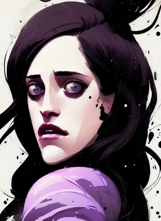 Image similar to highly detailed closeup portrait of beautiful carly chaikin as darlene alderson, wavy black hair, by atey ghailan, by greg rutkowski, by greg tocchini, by james gilleard, by joe fenton, by kaethe butcher, gradient purple, black and white color scheme, grunge aesthetic!!! ( ( graffiti tag wall background ) )