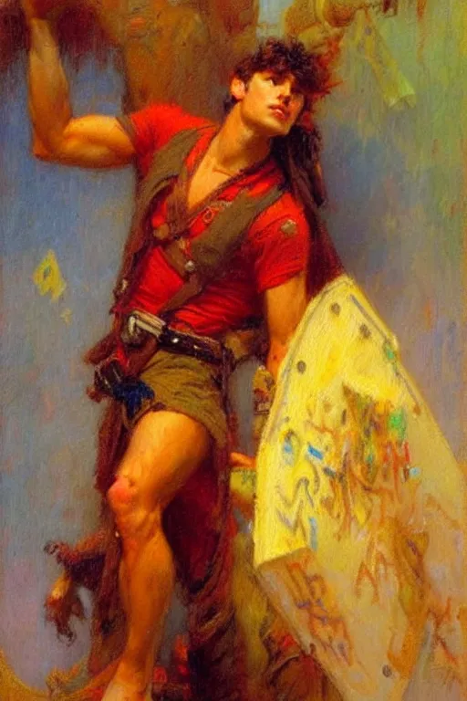 Prompt: attractive male, character design, colorful, painting by gaston bussiere
