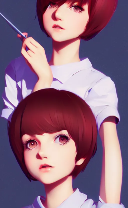 Prompt: a playful and cute girl with short hair, by ilya kuvshinov