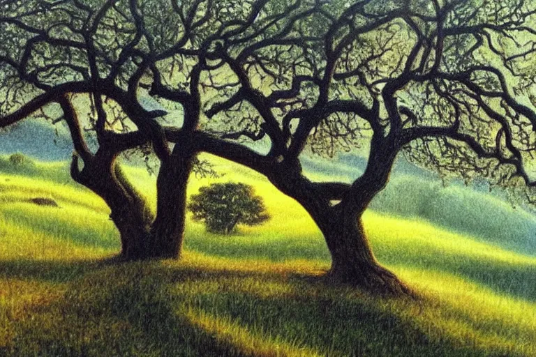 Prompt: masterpiece painting of oak trees on a hillside overlooking a creek, dramatic lighting, by kinuko craft