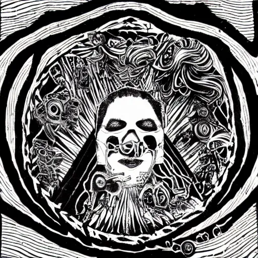 Image similar to punk album cover, blank horizontal banner on top, black and white spiral, psychedelic, giuseppe arcimboldo
