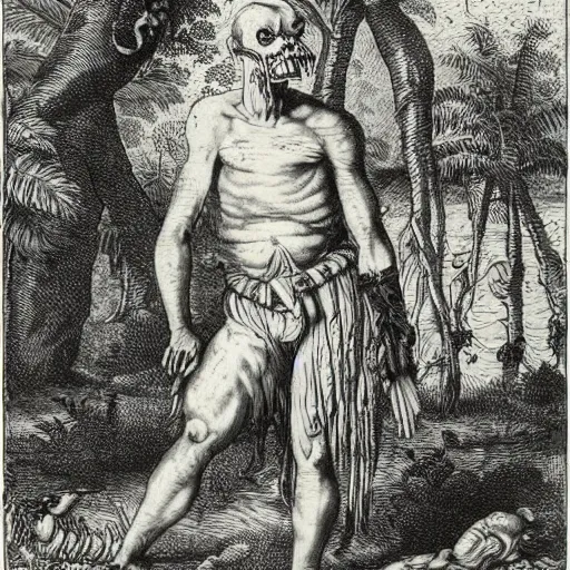 Prompt: A colonial zombie standing in the middle of the jungle, engraving, ink, black and white, 17th century