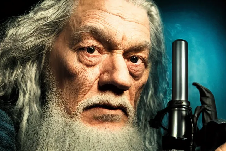 Image similar to gandalf intensely focused playing xbox, gamers chair, close up of face, high details, wrinkles, shadows, low angle photograph, face lighted by monitor, blue lighting, dark room, photo by annie leibovitz