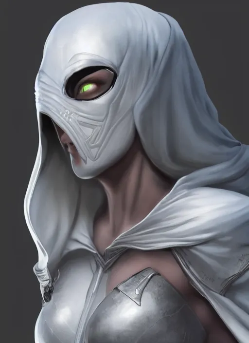 Image similar to female moon knight, hyper detailed, digital art, trending in artstation, cinematic lighting, studio quality, smooth render, unreal engine 5 rendered, octane rendered, pixar