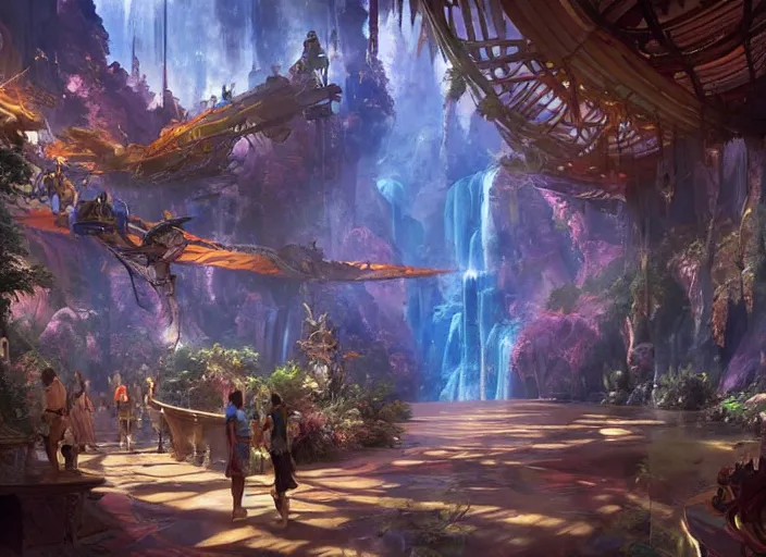 Image similar to avatar themepark interior designed by disney imagineering, rendered by artgerm and greg rutkowski and alphonse mucha