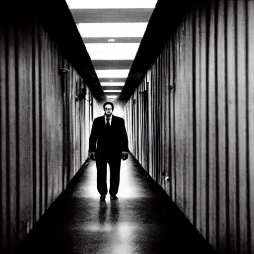 Image similar to Ted Cruz standing at the end of a long, narrow corridor, black and white, creepy lighting, foggy atmosphere, scary, horror, ornate, eerie, fear